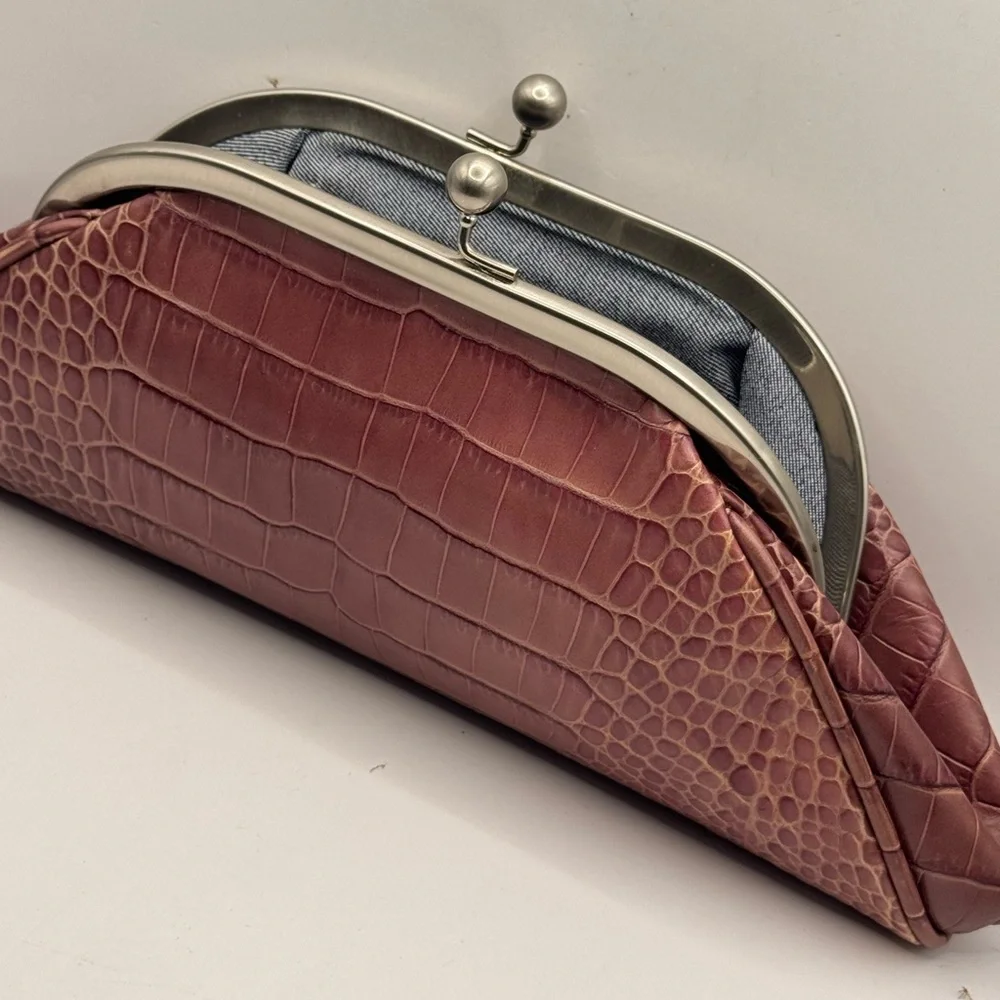 Christopher Kon  Brown Leather crocodile embossed  kiss lock  Clutch